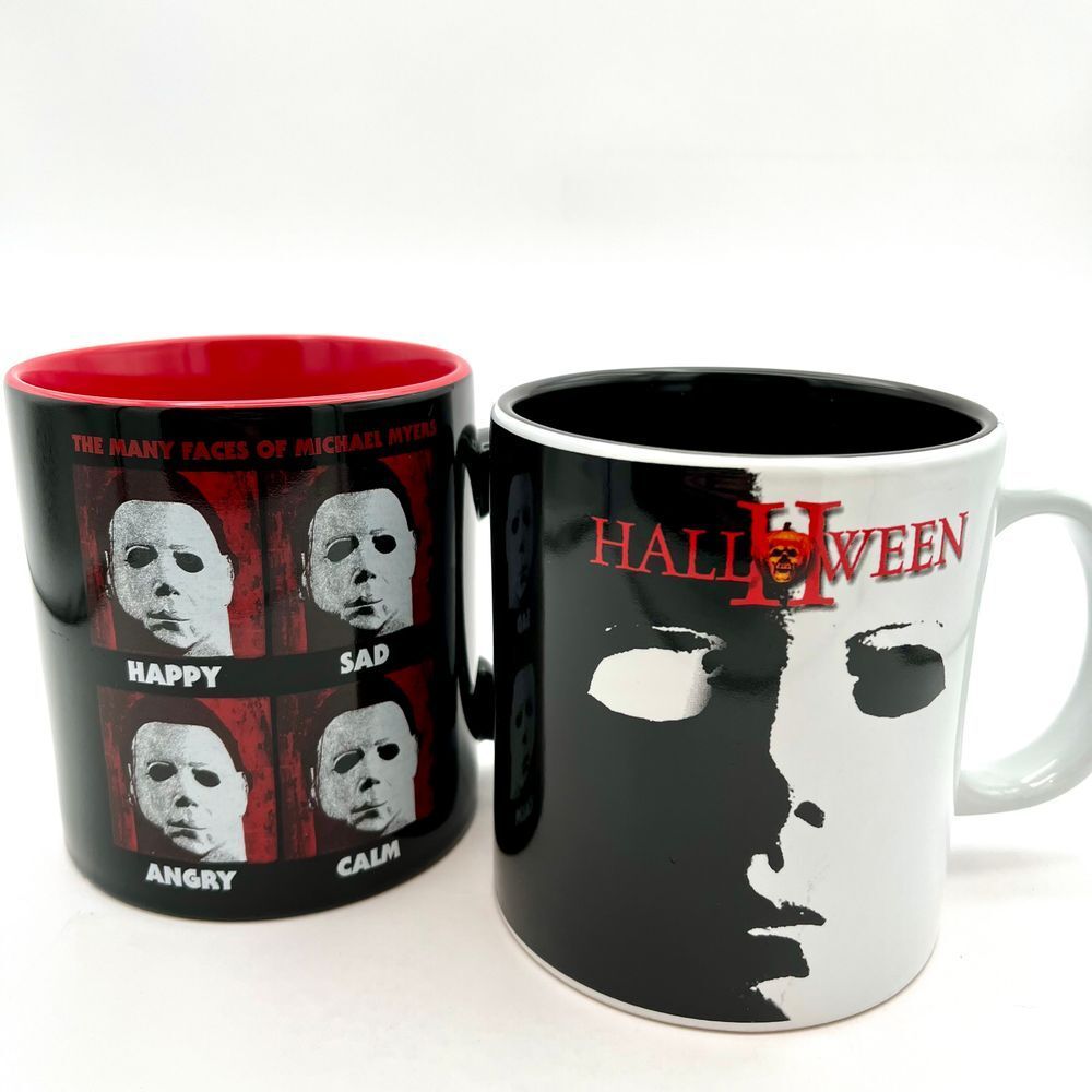 (2) Mugs Halloween II & Halloween Resurrection 20oz Many Faces Of Michael Myers
